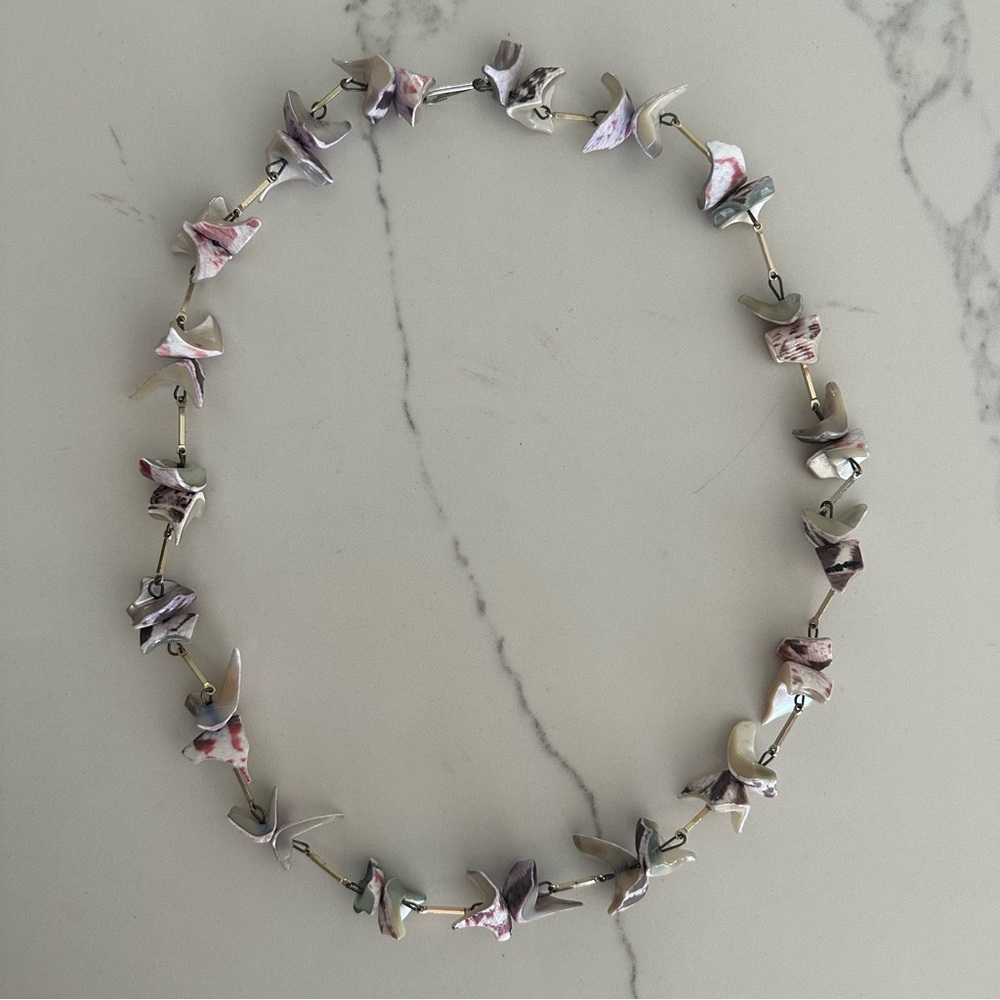 Vintage Handmade Shell and Silver Necklace in White and Purple 27.5" long